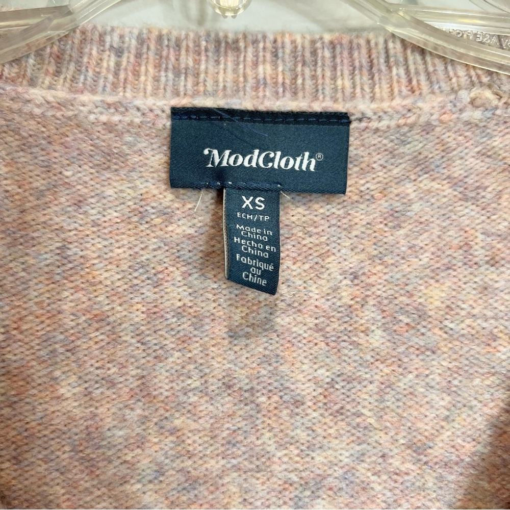 ModCloth Sweater Pink Multicolor Knit Wool Blend Sequin Stars V-neck Shirt XS - Picture 2 of 8